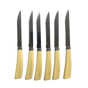 Set Of 6 Vintage Quikut Steak Knives With Ivory Handles & Stainless Steel Blades